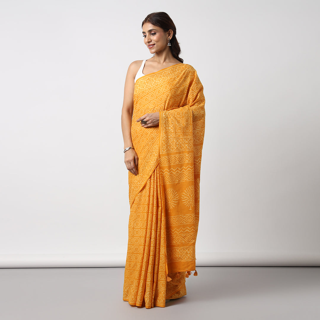 Yellow Glow - Hand Block Print Mulmul Cotton Bagru Saree