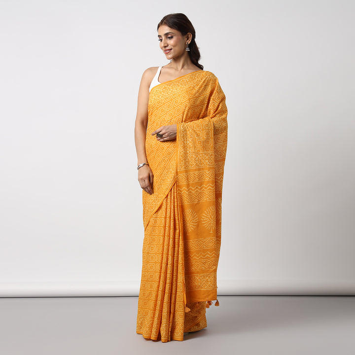 Yellow Glow - Hand Block Print Mulmul Cotton Bagru Saree