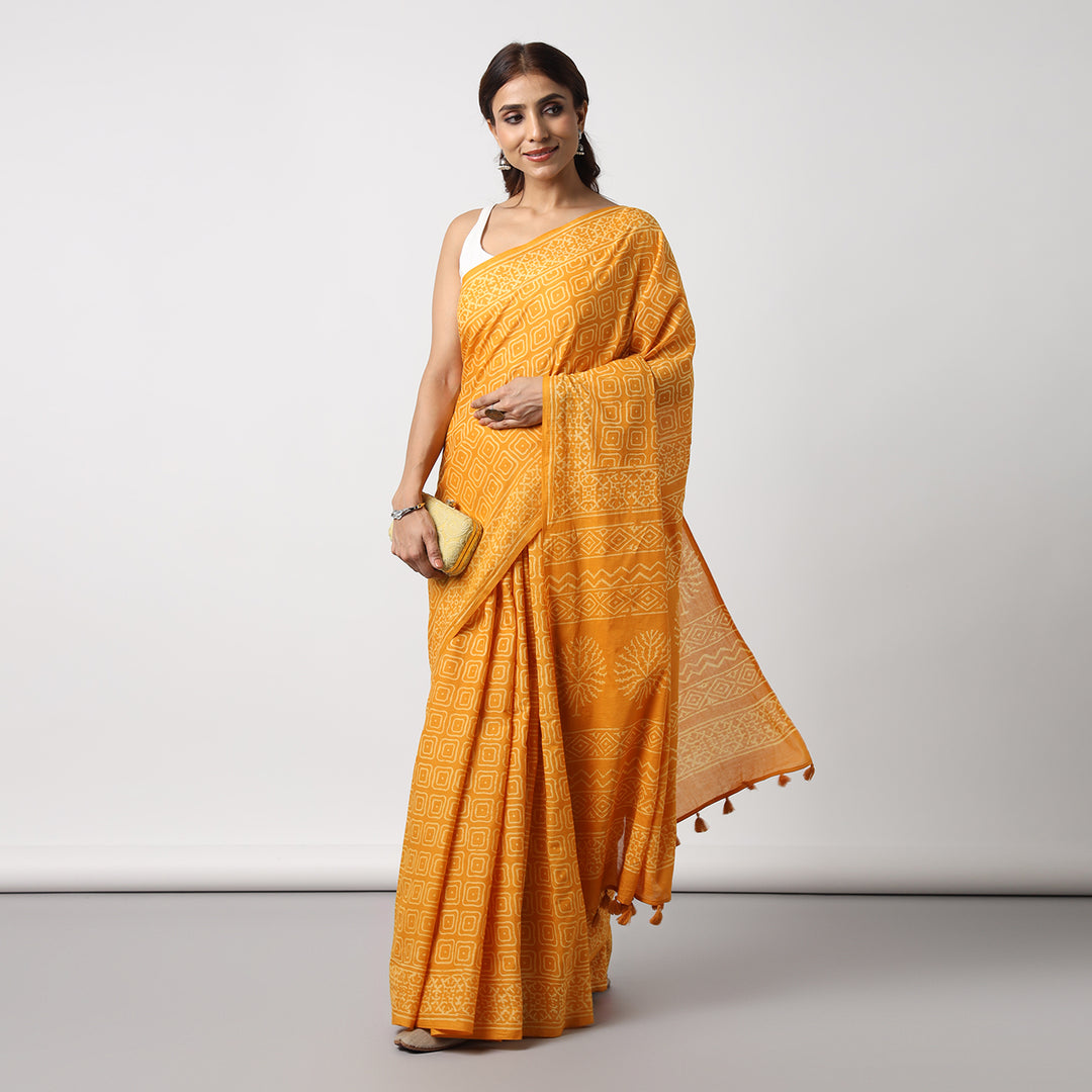 Yellow Glow - Hand Block Print Mulmul Cotton Bagru Saree