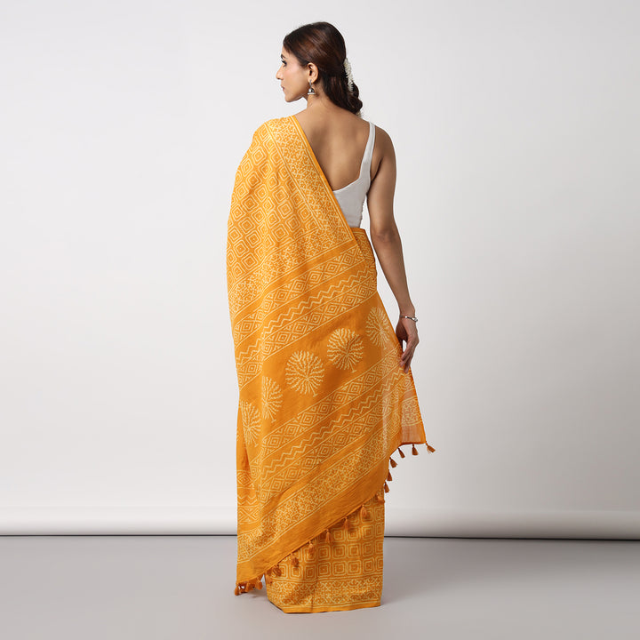 Yellow Glow - Hand Block Print Mulmul Cotton Bagru Saree