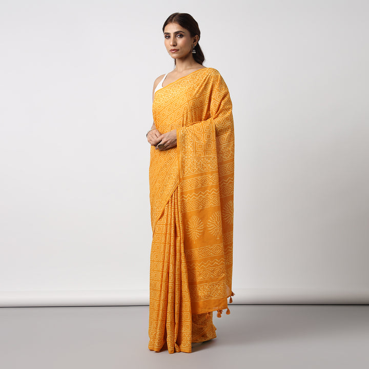 Yellow Glow - Hand Block Print Mulmul Cotton Bagru Saree