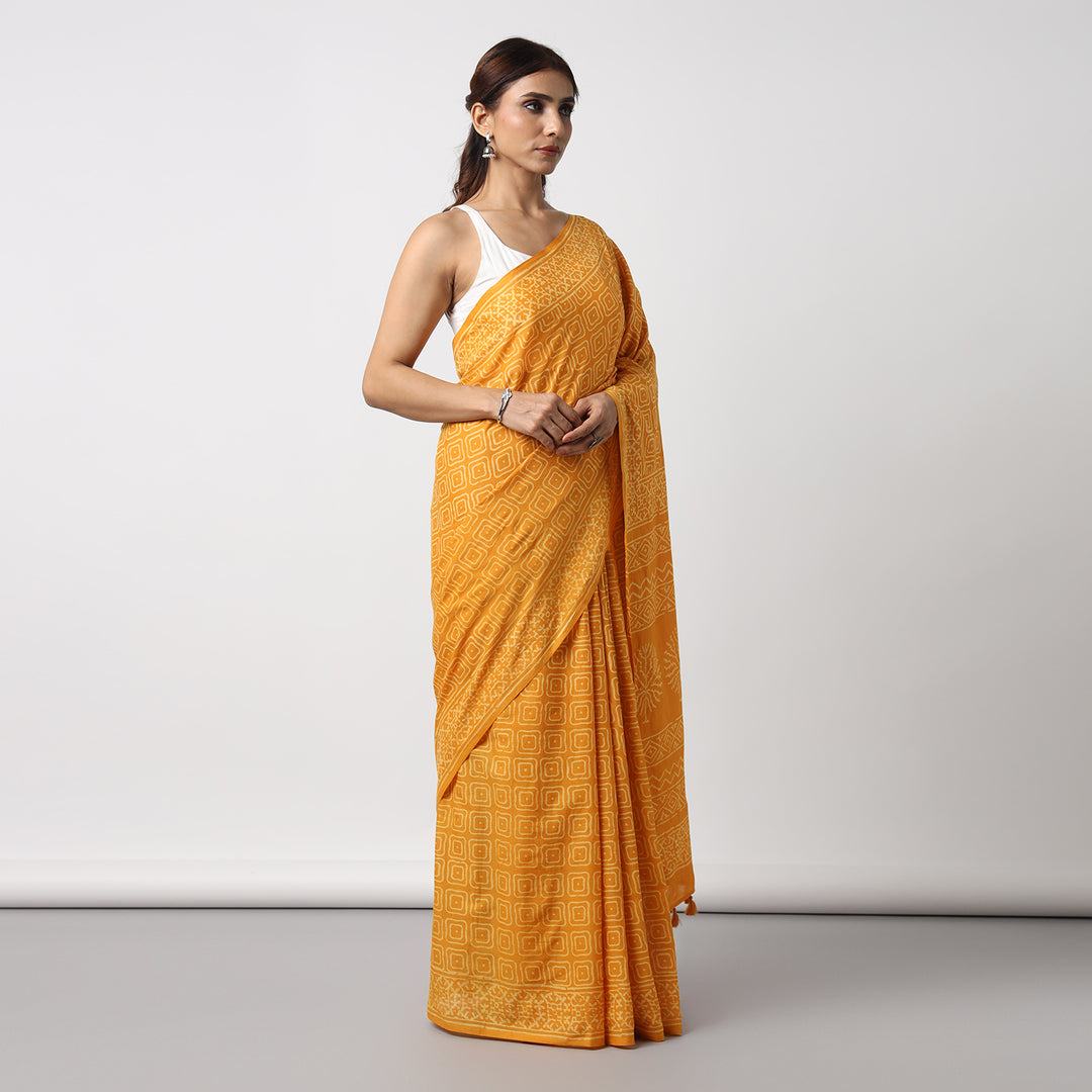 Yellow Glow - Hand Block Print Mulmul Cotton Bagru Saree