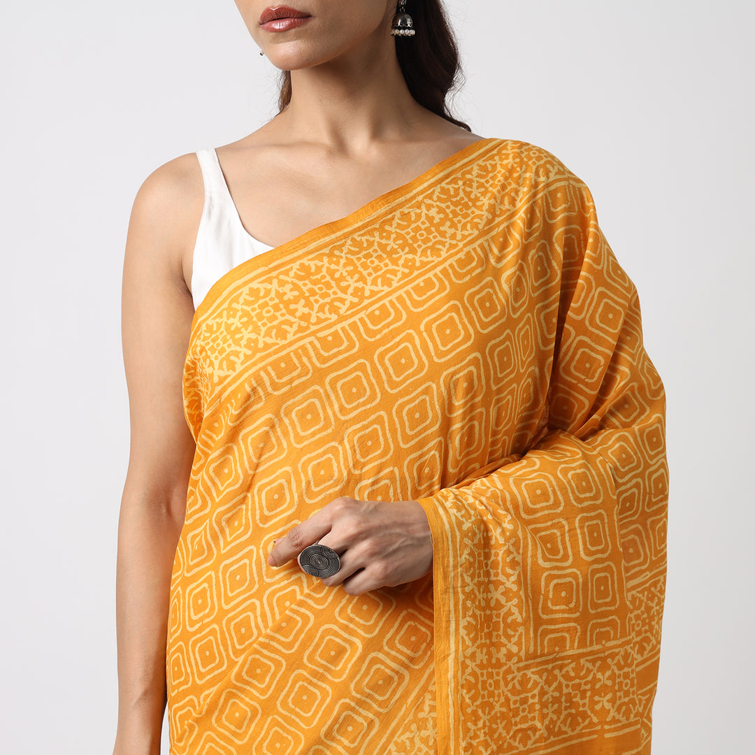 Yellow Glow - Hand Block Print Mulmul Cotton Bagru Saree