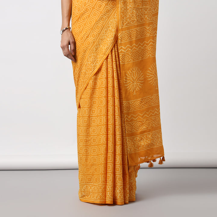 Yellow Glow - Hand Block Print Mulmul Cotton Bagru Saree