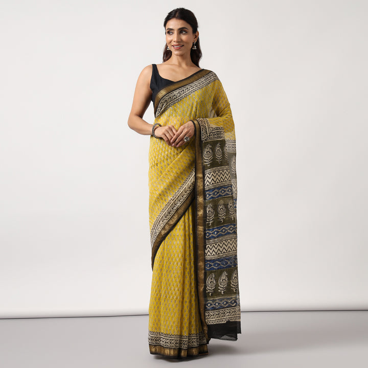 Lime Road - Yellow Hand Block Print Maheshwari Silk Saree