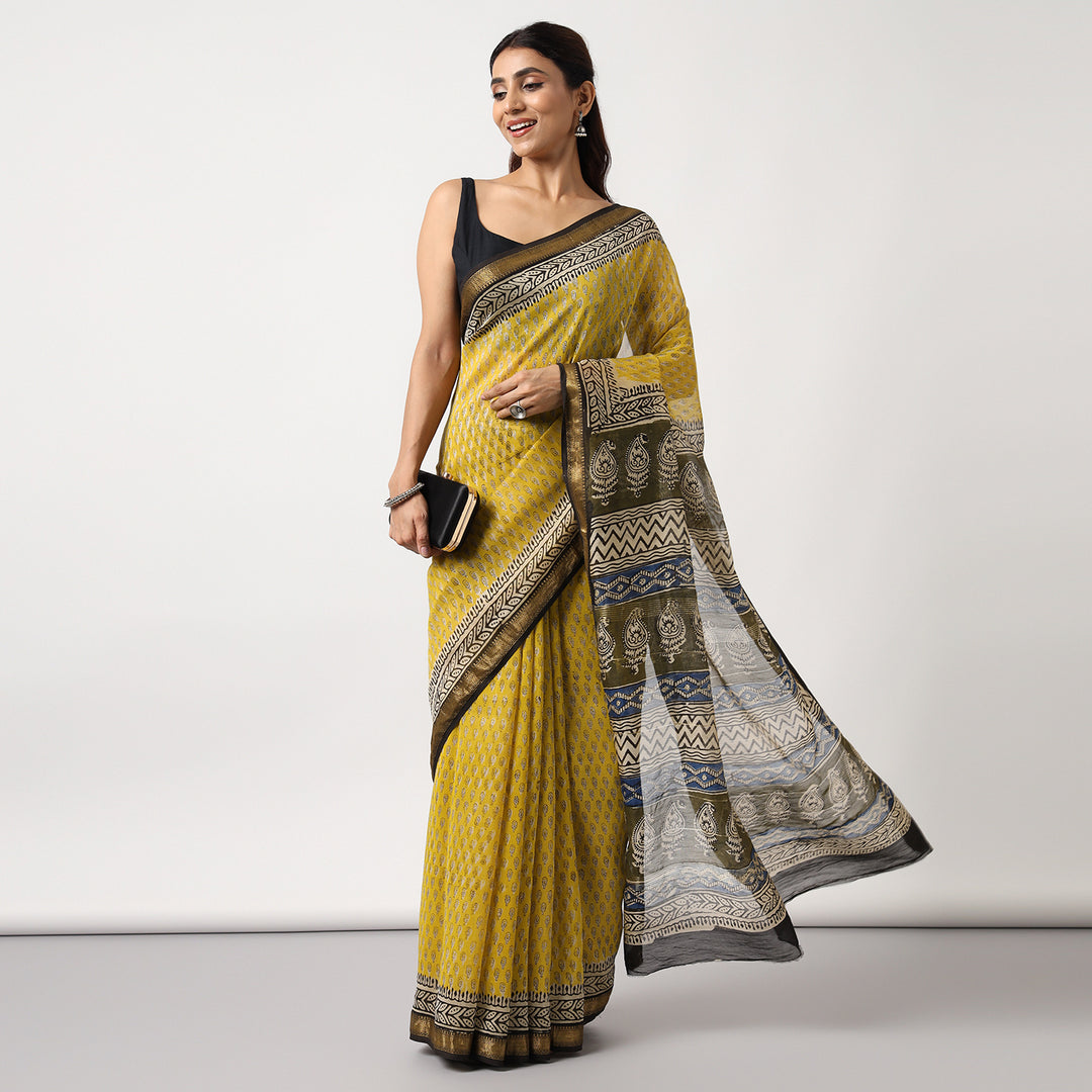 Lime Road - Yellow Hand Block Print Maheshwari Silk Saree