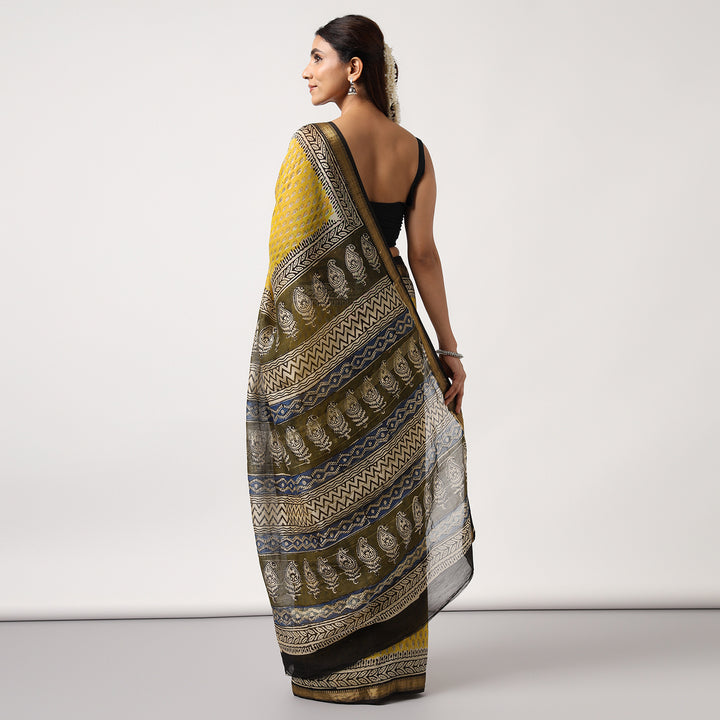 Lime Road - Yellow Hand Block Print Maheshwari Silk Saree