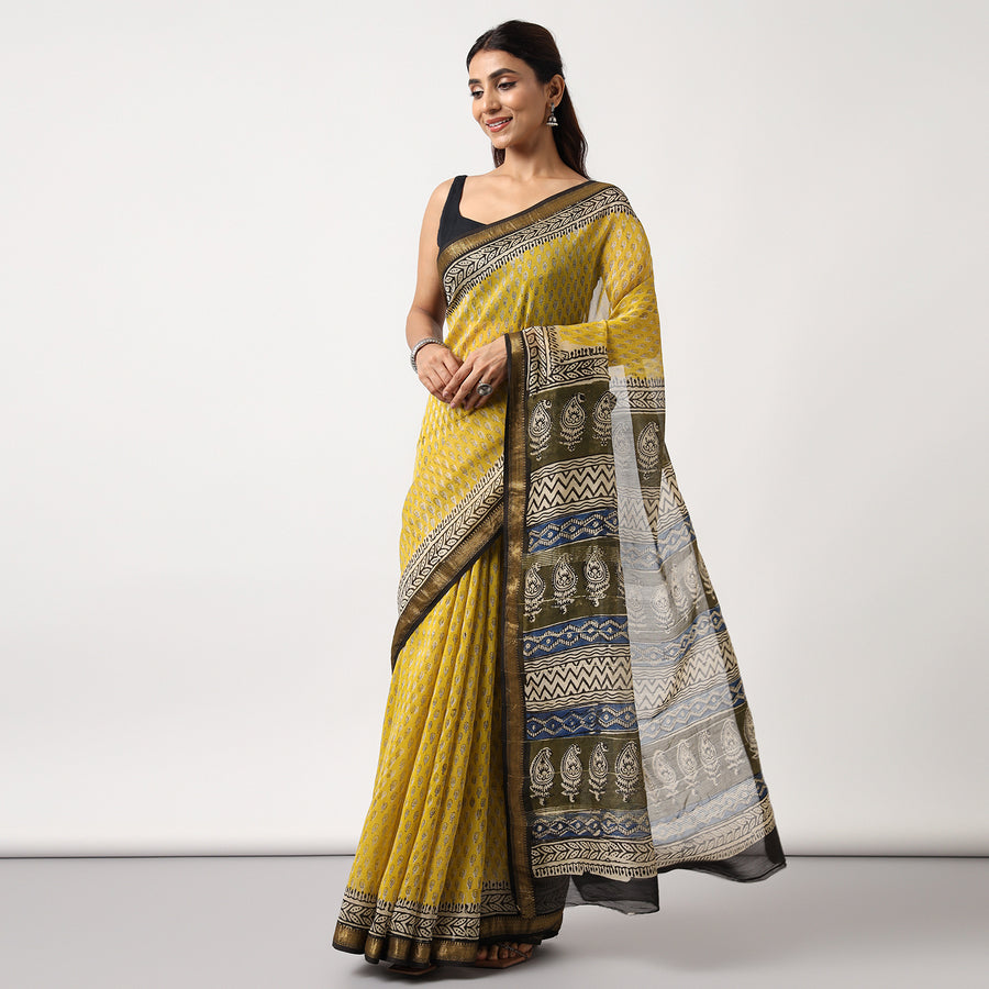 Lime Road - Yellow Hand Block Print Maheshwari Silk Saree