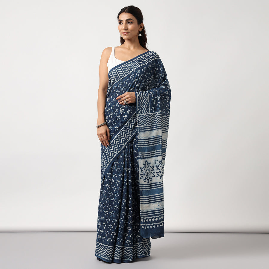 Indigo Muse - Dabu Hand Block Print Mulmul Cotton Bagru Saree