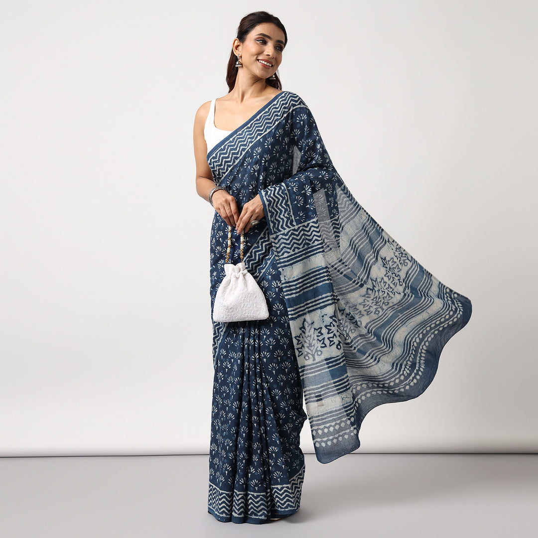 Indigo Muse - Dabu Hand Block Print Mulmul Cotton Bagru Saree