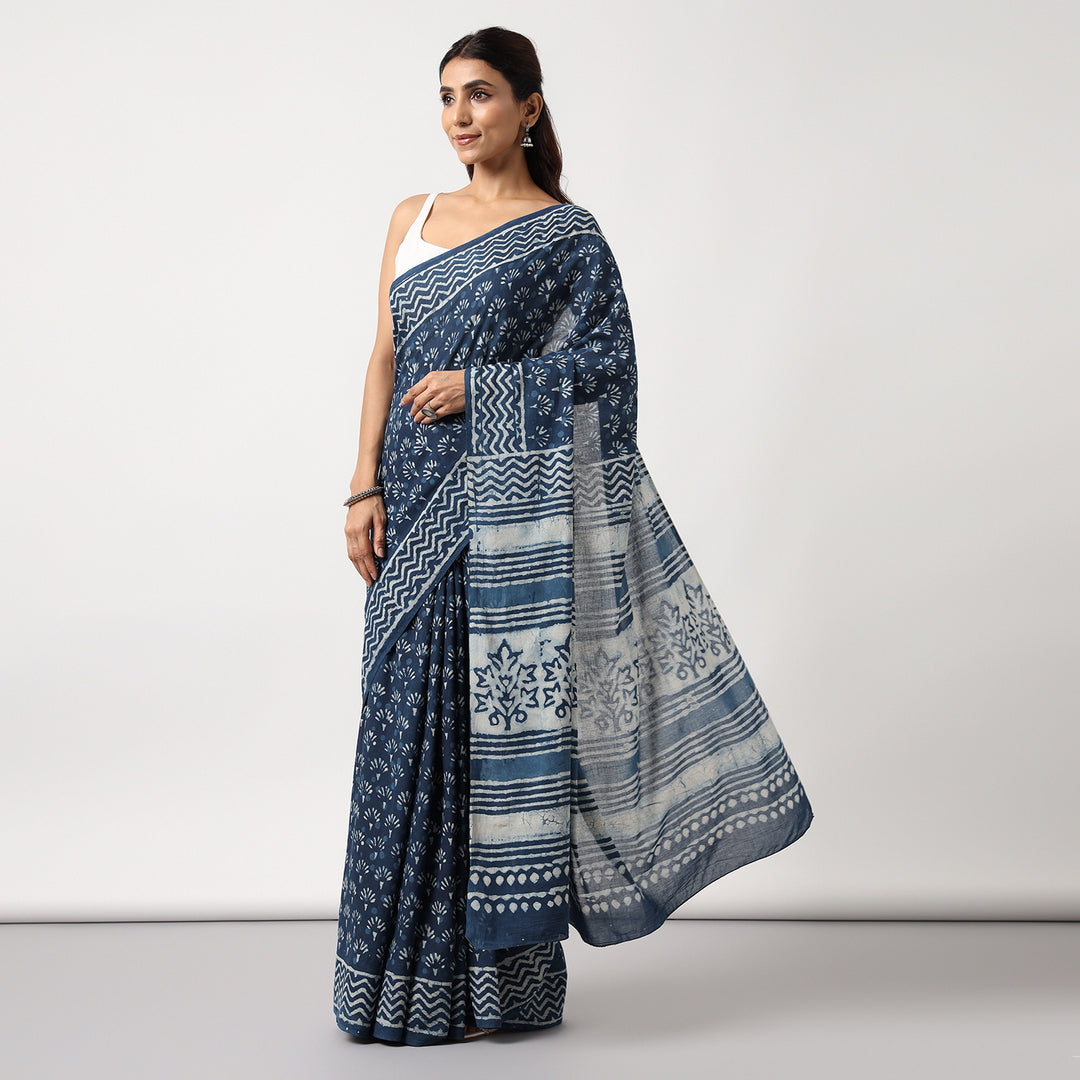 Indigo Muse - Dabu Hand Block Print Mulmul Cotton Bagru Saree