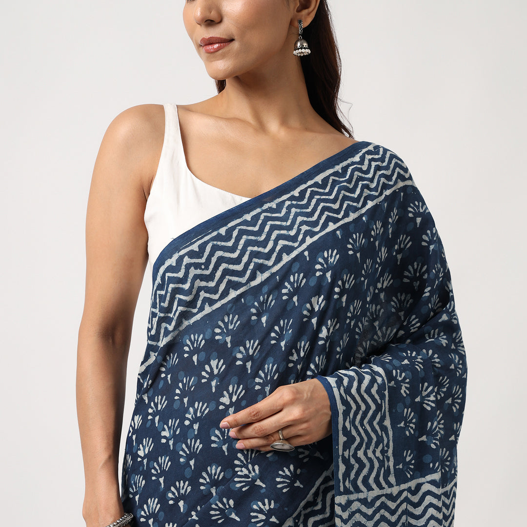 Indigo Muse - Dabu Hand Block Print Mulmul Cotton Bagru Saree