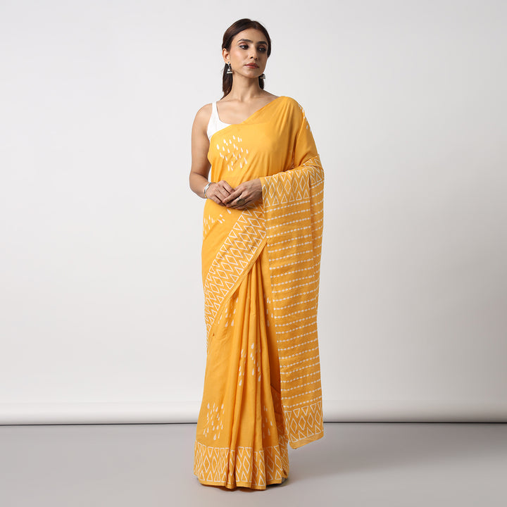 Drizzle in Backyard - Yellow Hand Block Print Mulmul Cotton Bagru Saree