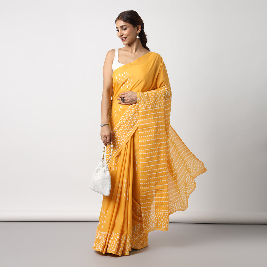 Drizzle in Backyard - Yellow Hand Block Print Mulmul Cotton Bagru Saree