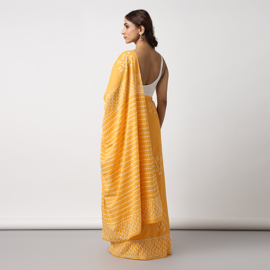 Drizzle in Backyard - Yellow Hand Block Print Mulmul Cotton Bagru Saree