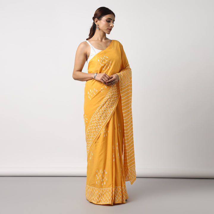 Drizzle in Backyard - Yellow Hand Block Print Mulmul Cotton Bagru Saree