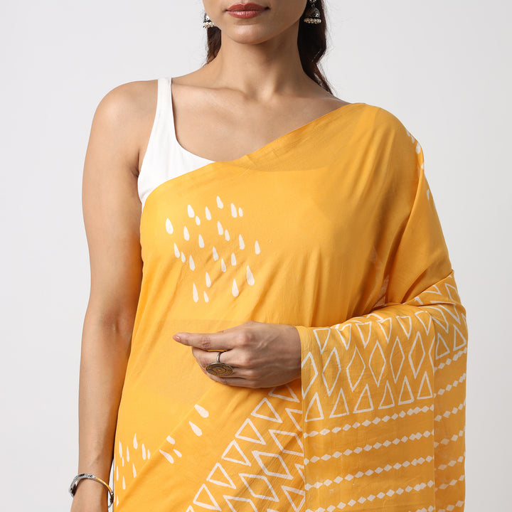 Drizzle in Backyard - Yellow Hand Block Print Mulmul Cotton Bagru Saree