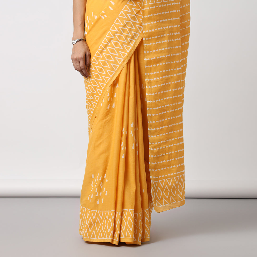 Drizzle in Backyard - Yellow Hand Block Print Mulmul Cotton Bagru Saree