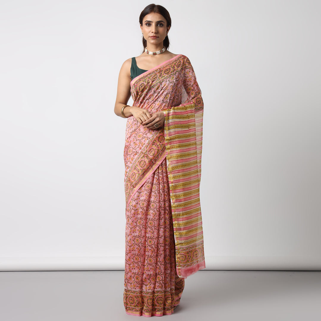 Sunflower Whispers - Hand Block Print Chanderi Silk Saree