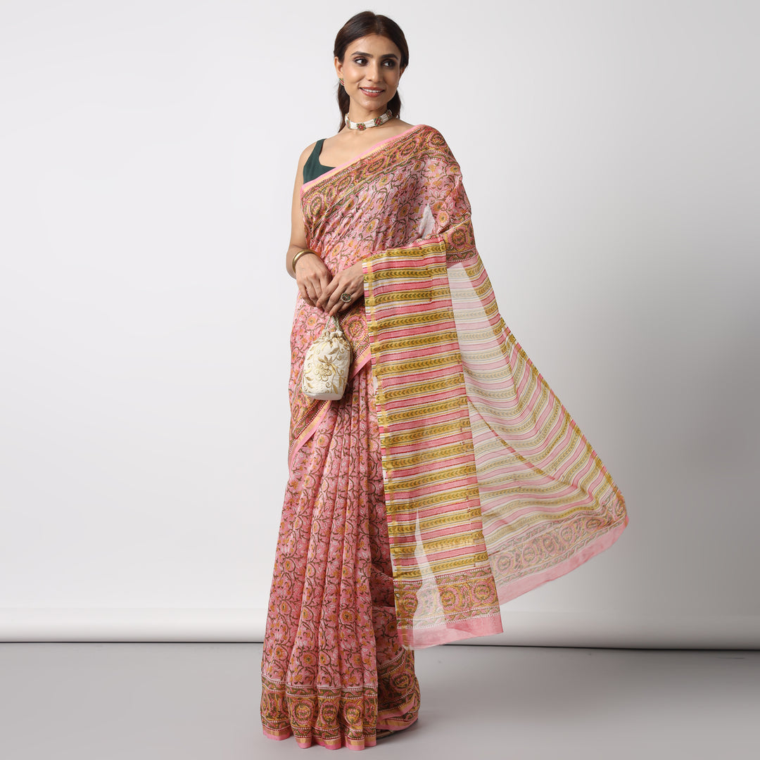 Sunflower Whispers - Hand Block Print Chanderi Silk Saree