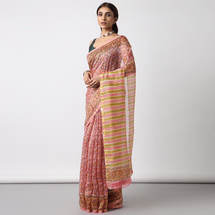 Sunflower Whispers - Hand Block Print Chanderi Silk Saree