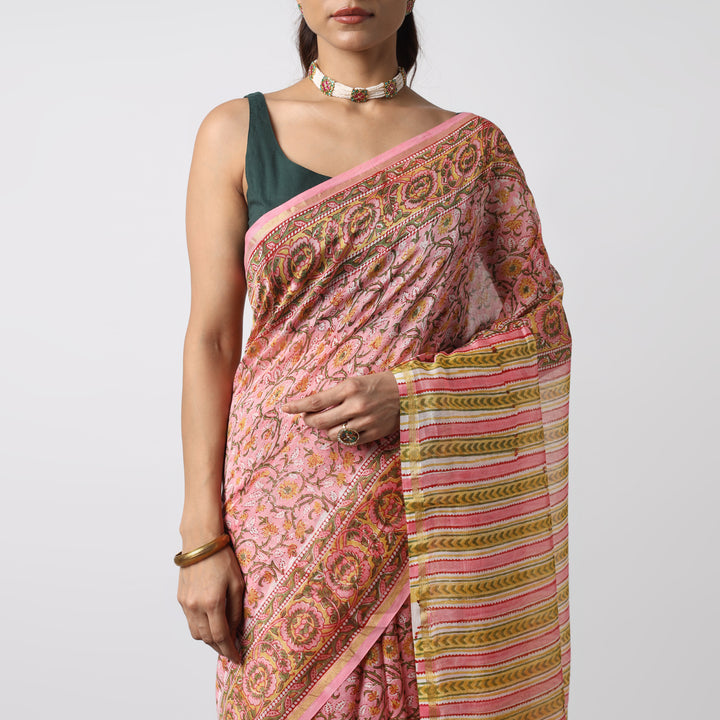 Sunflower Whispers - Hand Block Print Chanderi Silk Saree