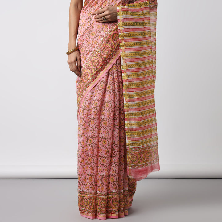 Sunflower Whispers - Hand Block Print Chanderi Silk Saree