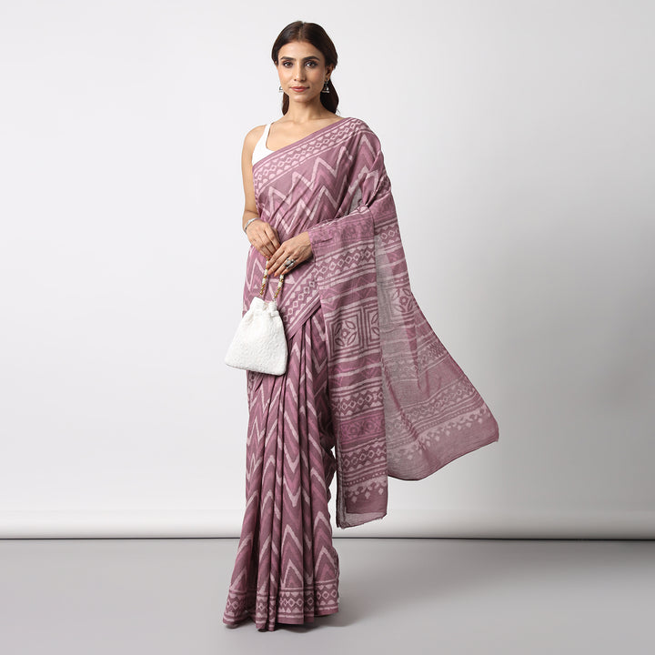 Berry Pink - Dabu Hand Block Print Mulmul Cotton Bagru Saree