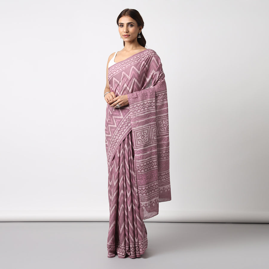 Berry Pink - Dabu Hand Block Print Mulmul Cotton Bagru Saree