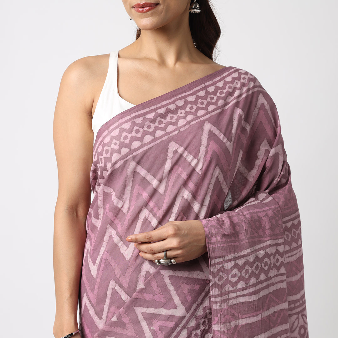 Berry Pink - Dabu Hand Block Print Mulmul Cotton Bagru Saree