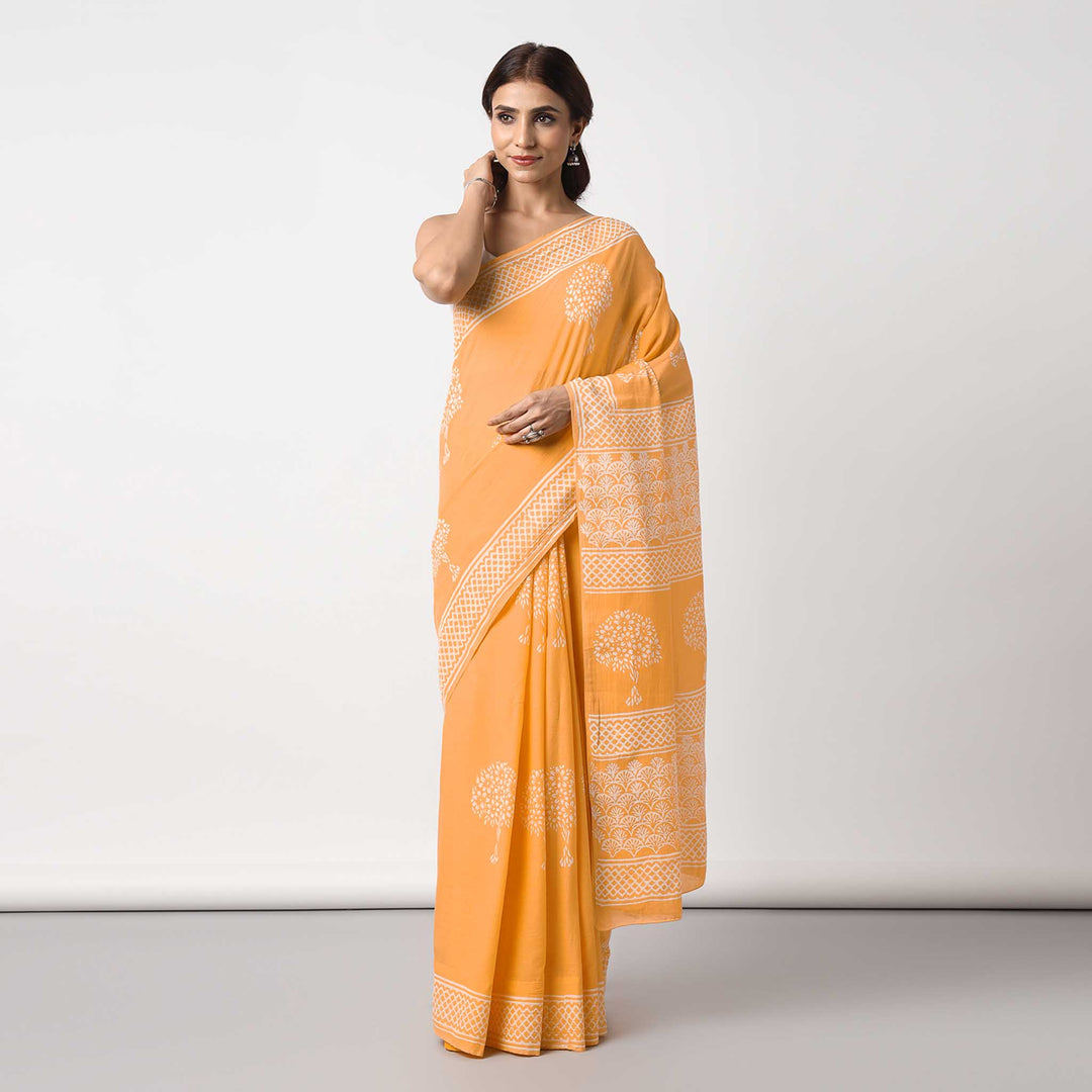 Haldi Yellow - Hand Block Print Mulmul Cotton Pre-stitched Ready to Wear Saree with Pocket