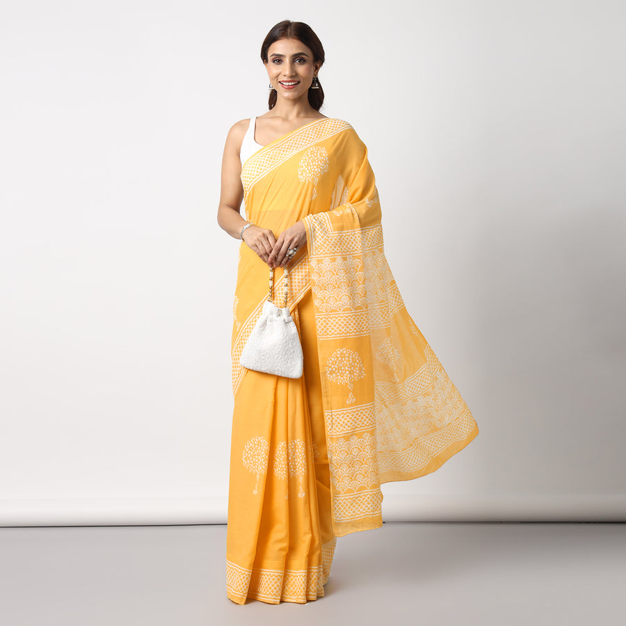 Haldi Yellow - Hand Block Print Mulmul Cotton Bagru Saree