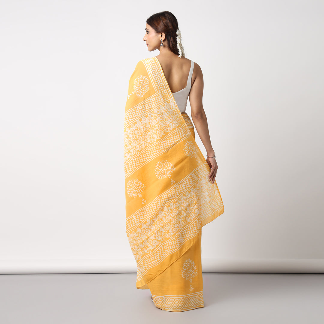 Haldi Yellow - Hand Block Print Mulmul Cotton Bagru Saree