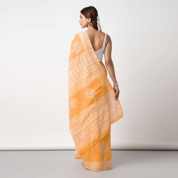 Haldi Yellow - Hand Block Print Mulmul Cotton Pre-stitched Ready to Wear Saree with Pocket