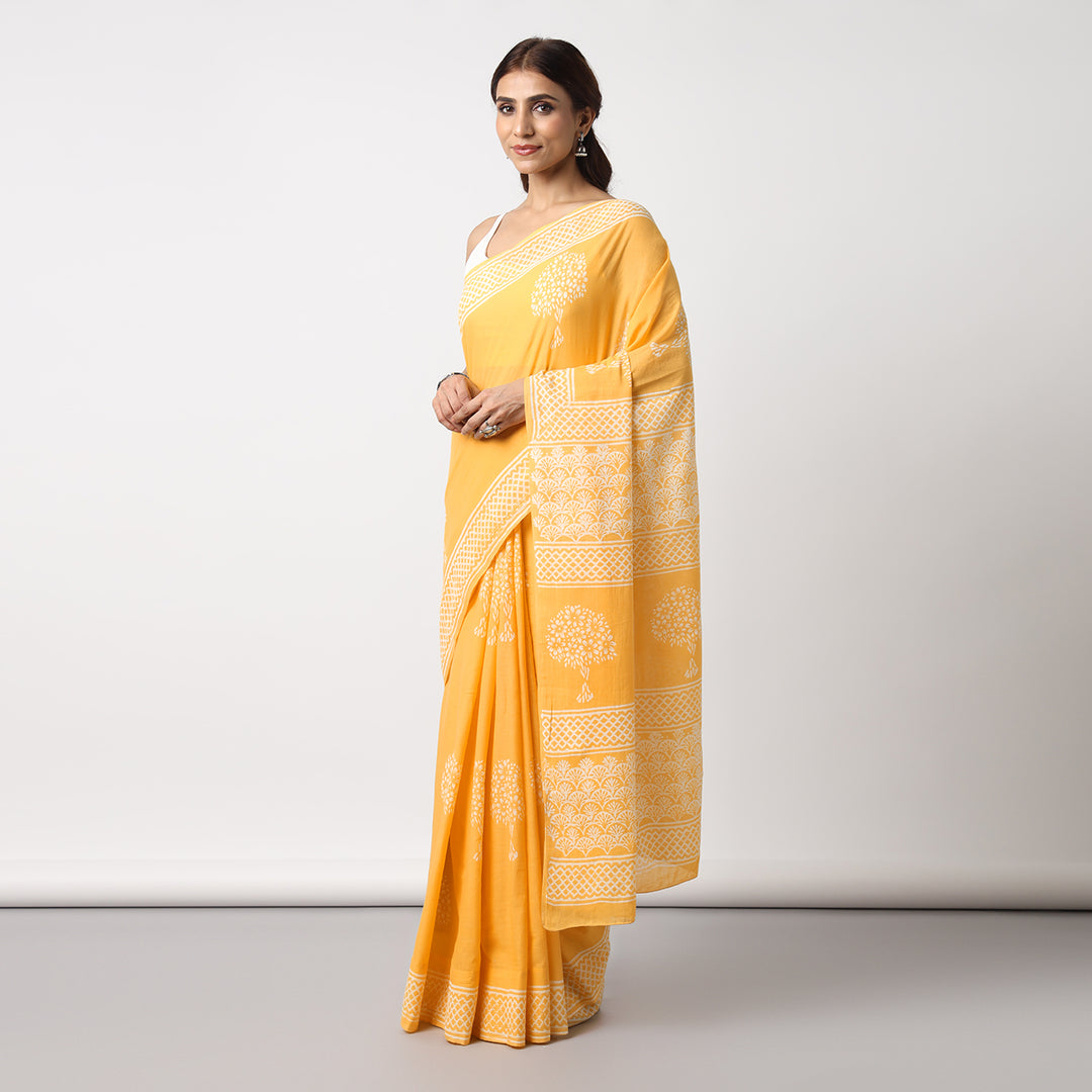 Haldi Yellow - Hand Block Print Mulmul Cotton Bagru Saree