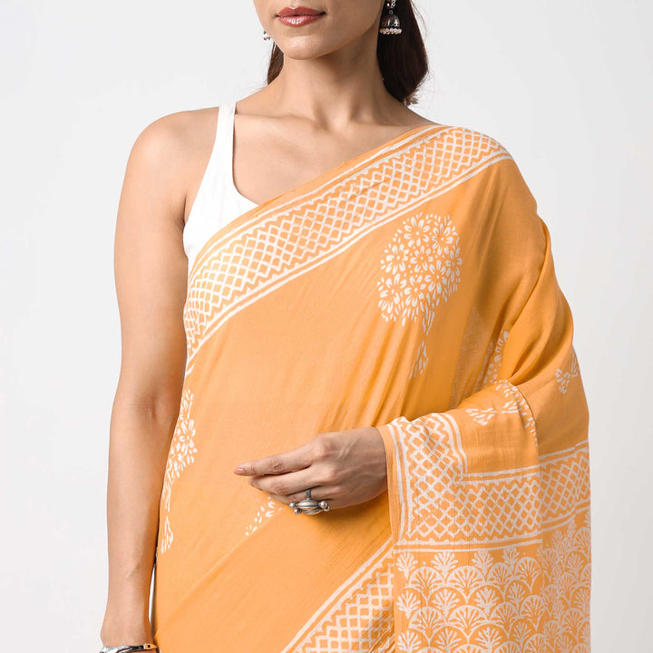 Haldi Yellow - Hand Block Print Mulmul Cotton Pre-stitched Ready to Wear Saree with Pocket