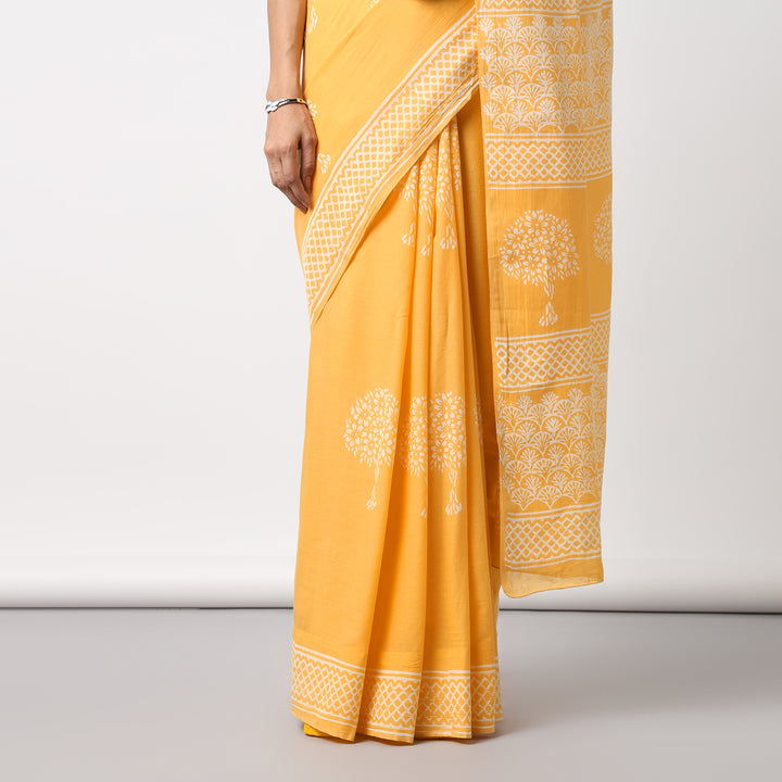 Haldi Yellow - Hand Block Print Mulmul Cotton Bagru Saree