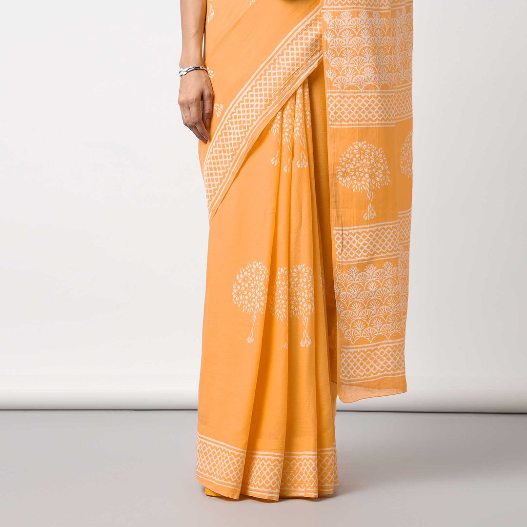 Haldi Yellow - Hand Block Print Mulmul Cotton Pre-stitched Ready to Wear Saree with Pocket