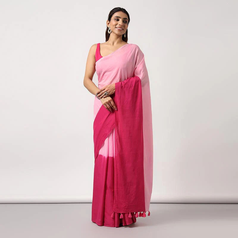 Blush gradient - Mulmul Cotton Pre-stitched Ready to Wear Saree with Pocket