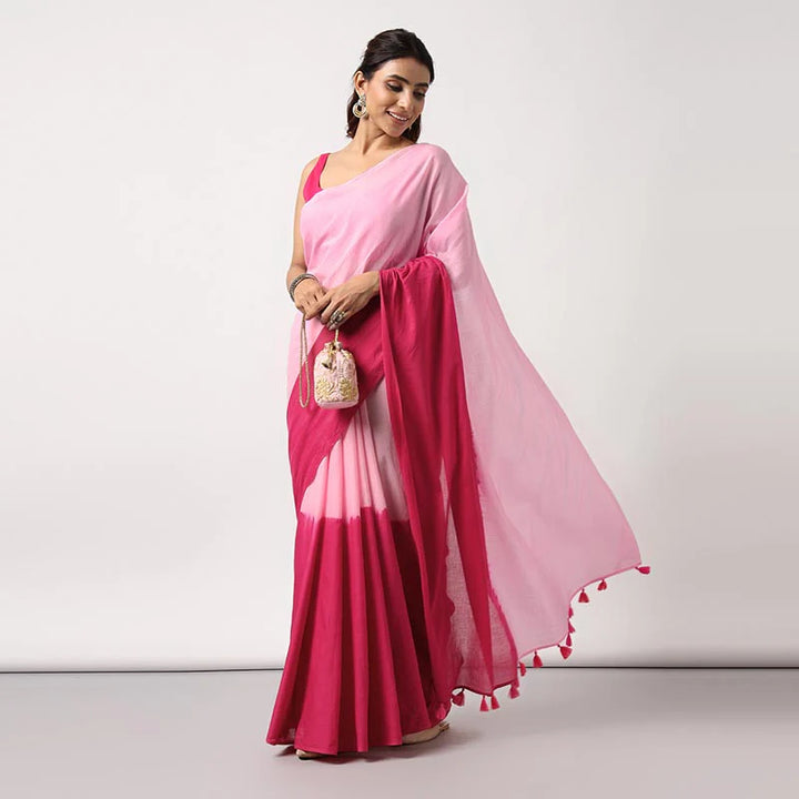 Blush gradient - Mulmul Cotton Pre-stitched Ready to Wear Saree with Pocket