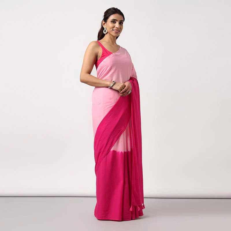 Blush gradient - Mulmul Cotton Pre-stitched Ready to Wear Saree with Pocket