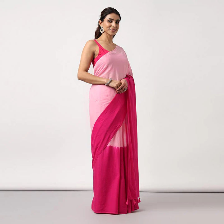 Blush gradient - Mulmul Cotton Pre-stitched Ready to Wear Saree with Pocket