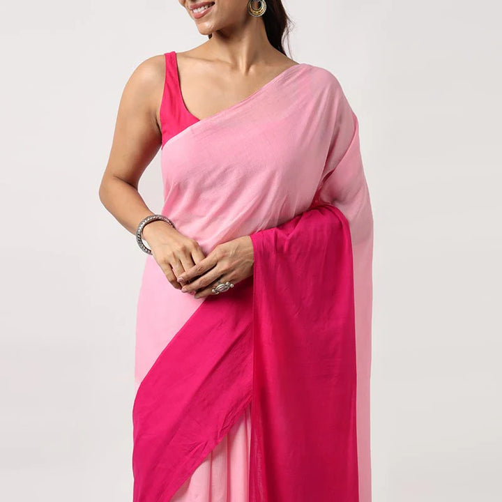 Blush gradient - Mulmul Cotton Pre-stitched Ready to Wear Saree with Pocket