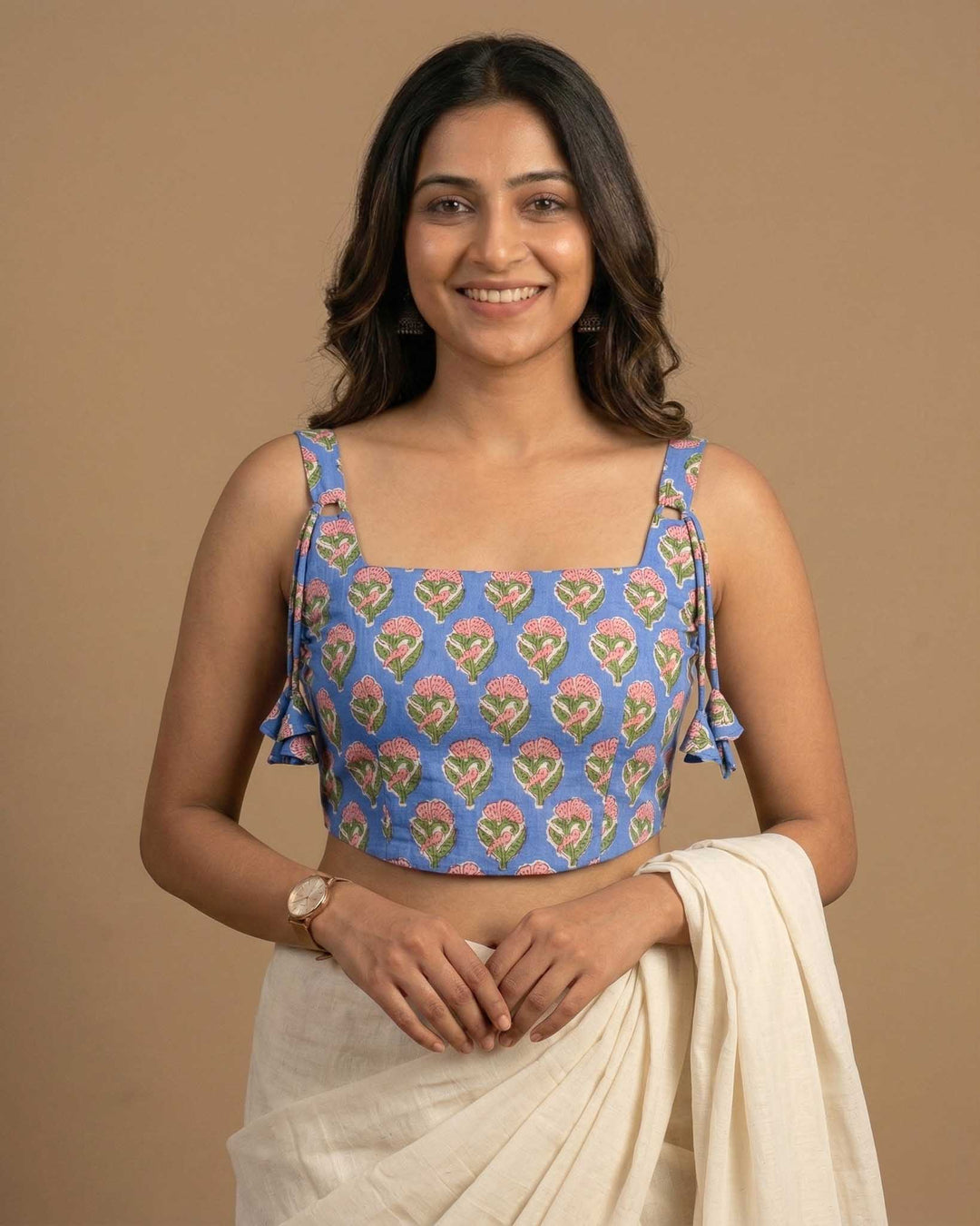 Happy Days Cotton Block Print Corset Blouse in Blue