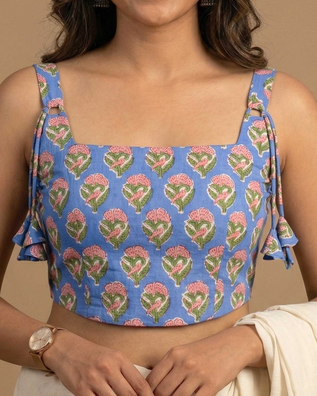 Happy Days Cotton Block Print Corset Blouse in Blue