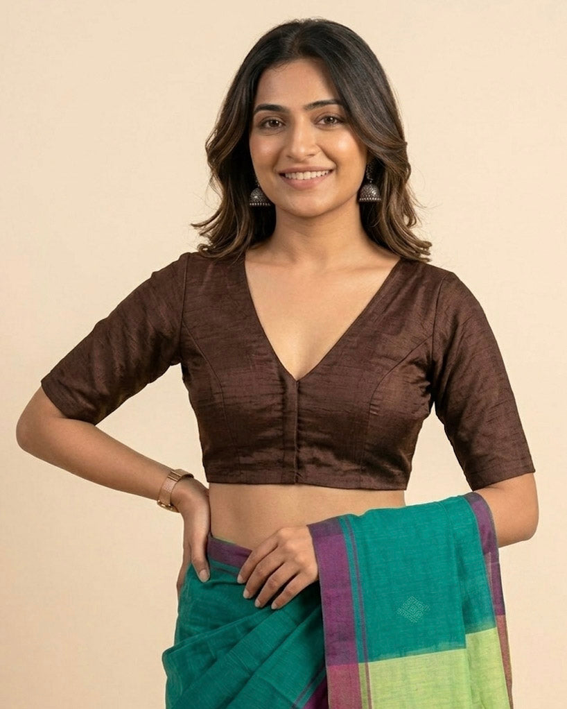 Sangini V neck Art Silk Blouse with Elbow Sleeves - Brown