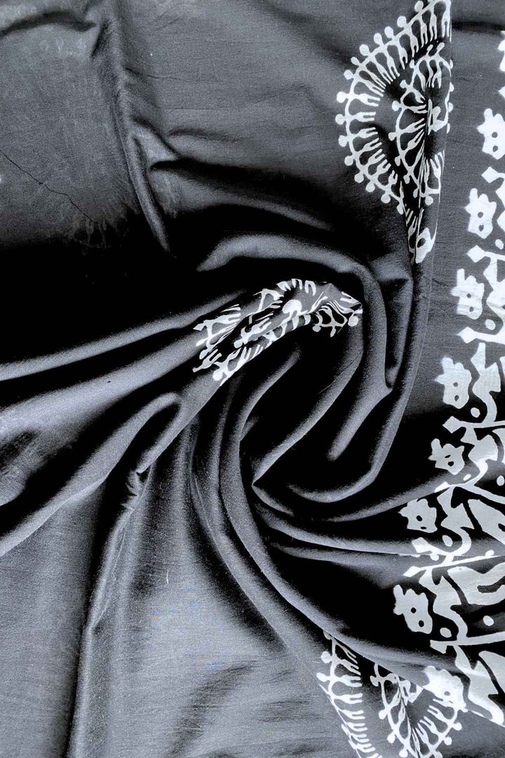 Moora Saree | Black | Hand Block Warli Print Natural Dyed | Mulmul Cotton | Qabila