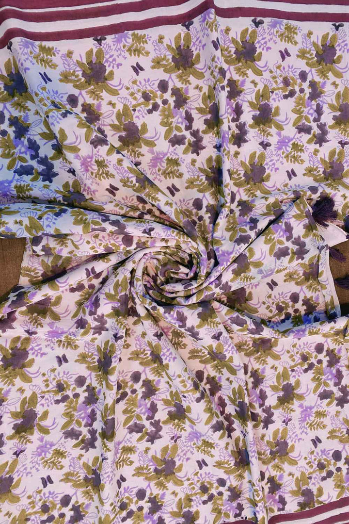 Lavender Blooms Hand Block Print Mulmul Cotton Saree