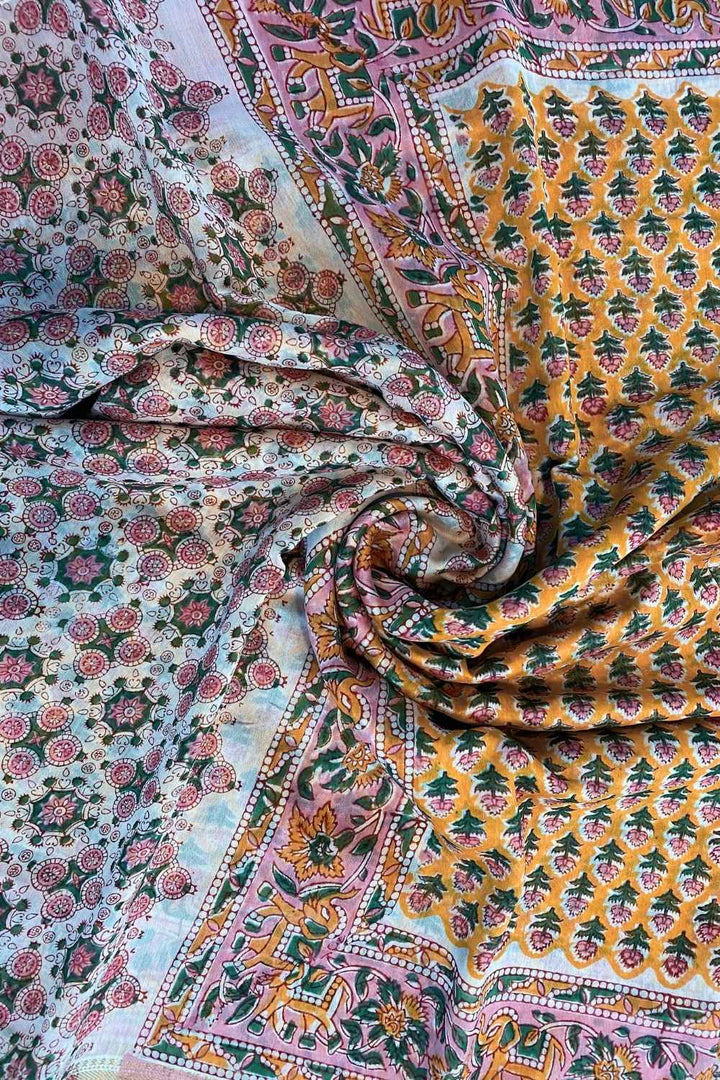 Poppy Garden - Hand Block Print Maheshwari Silk Saree