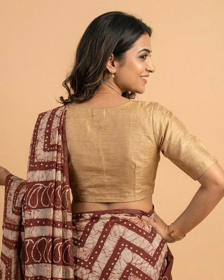 Sangini V neck Art Silk Blouse with Elbow Sleeves - Beige